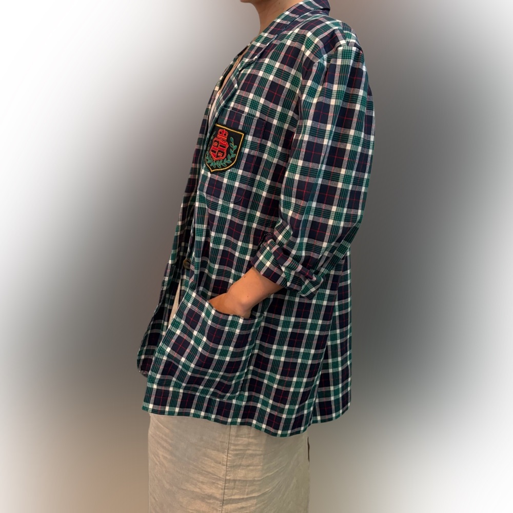 Vintage 80s 90s plaid Liz Claiborne plaid terry Green navy blazer oversized - Picture 4 of 7